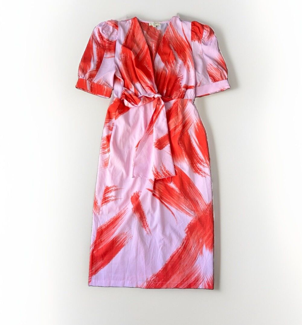Entro Pink Orange Abstract Brushstroke Midi Dress Puff Sleeve Tie Waist Size L